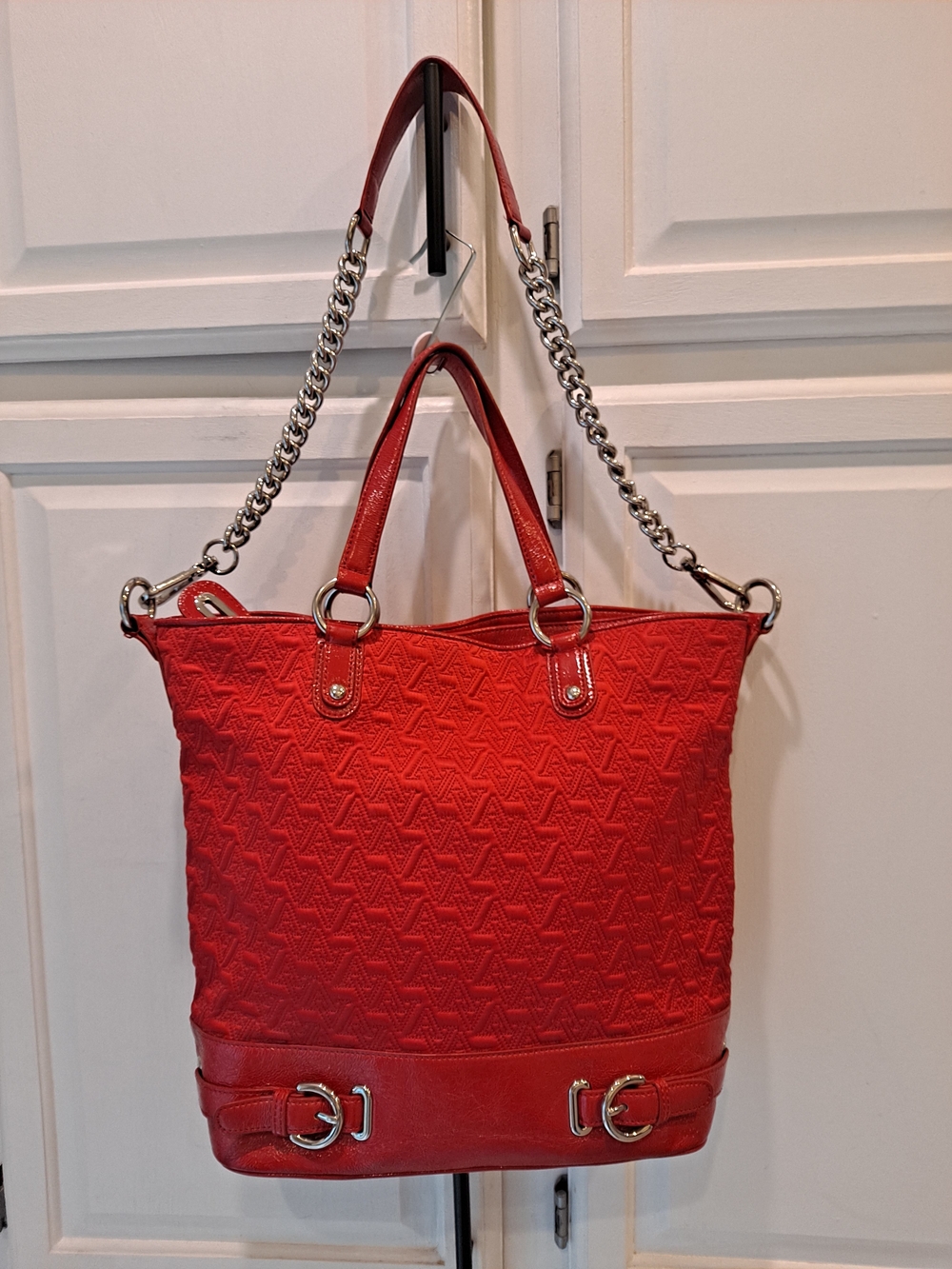 Adrienne Vittadini Vintage Vibrant Red Quilted Tote Leather Trim Chain Handles